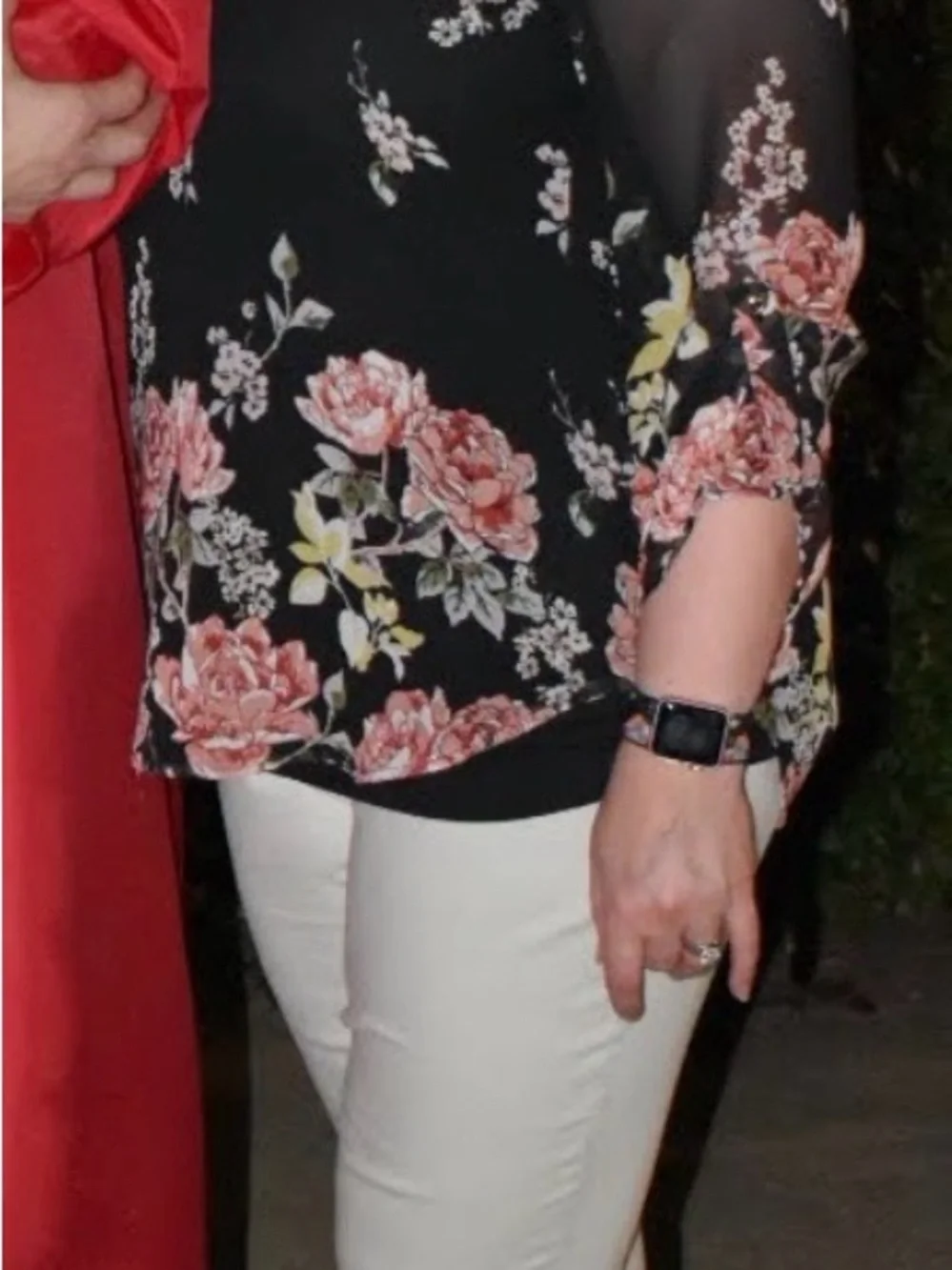 Black Floral V-Neck Sheer Blouse with Coral Rose Print